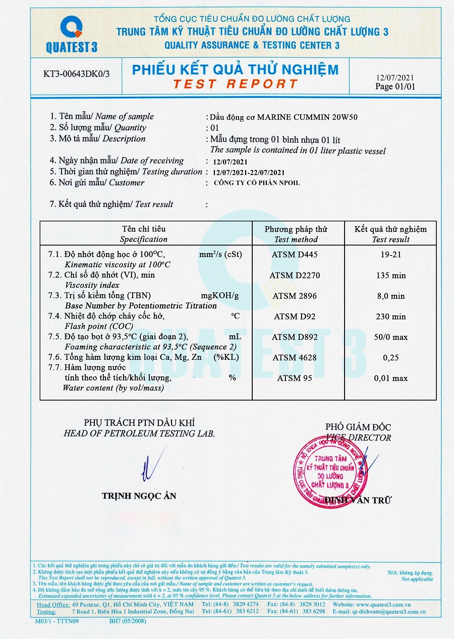 test chất lượng marine cummin