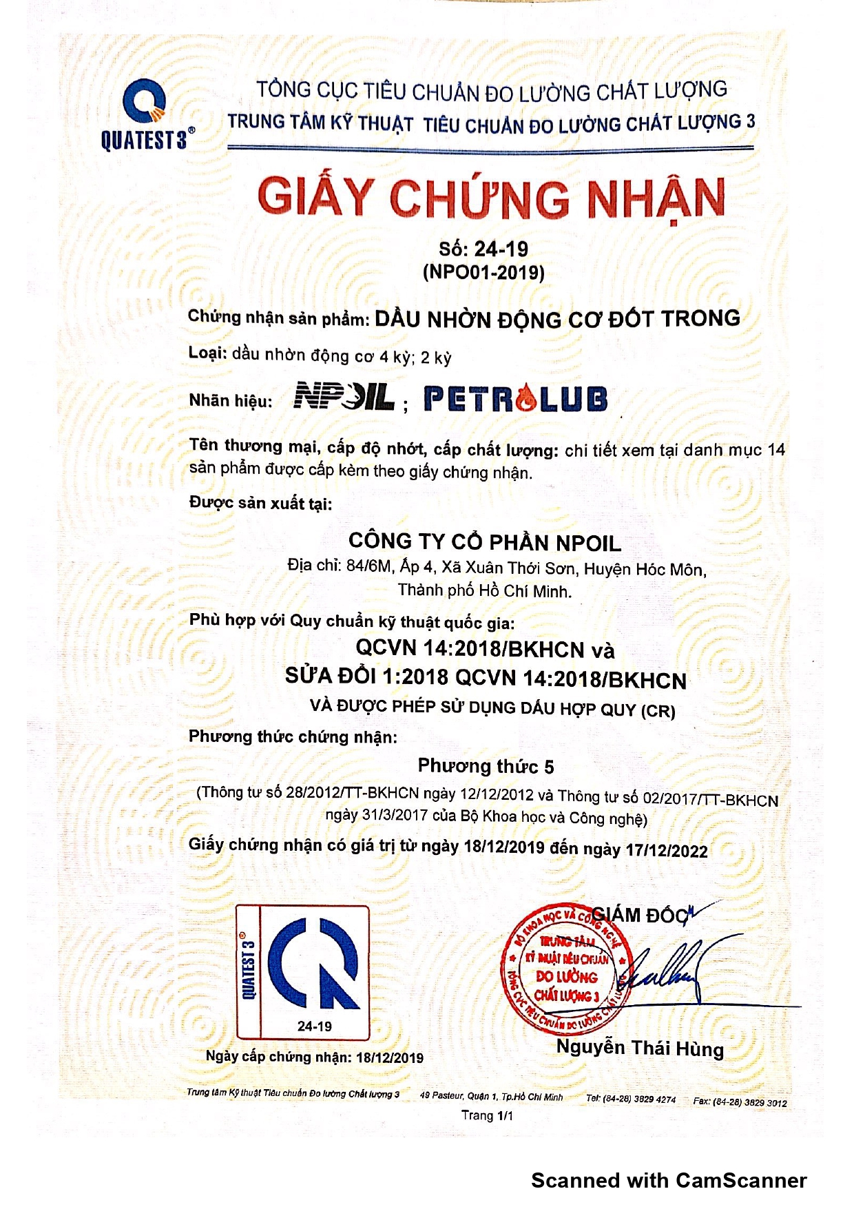 GIẤY CHỨNG NHẬN HỢP CHUẨN HỢP QUY ĐỘNG CƠ ĐỐT TRONG