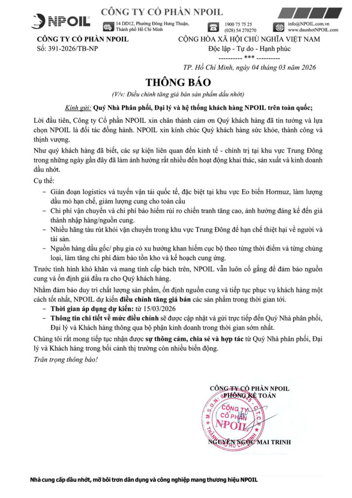 NPOIL THÔNG BÁO VỀ VIỆC ĐIỀU CHỈNH GIÁ SẢN PHẨM 3 Npoil ThÔng BÁo VỀ ViỆc ĐiỀu ChỈnh GiÁ SẢn PhẨm