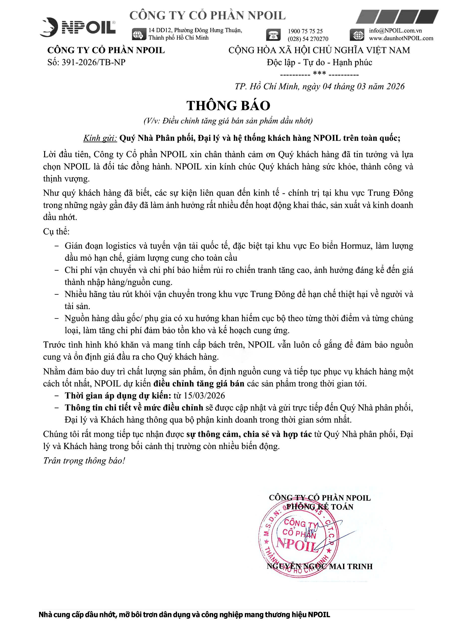 Npoil ThÔng BÁo VỀ ViỆc ĐiỀu ChỈnh GiÁ SẢn PhẨm