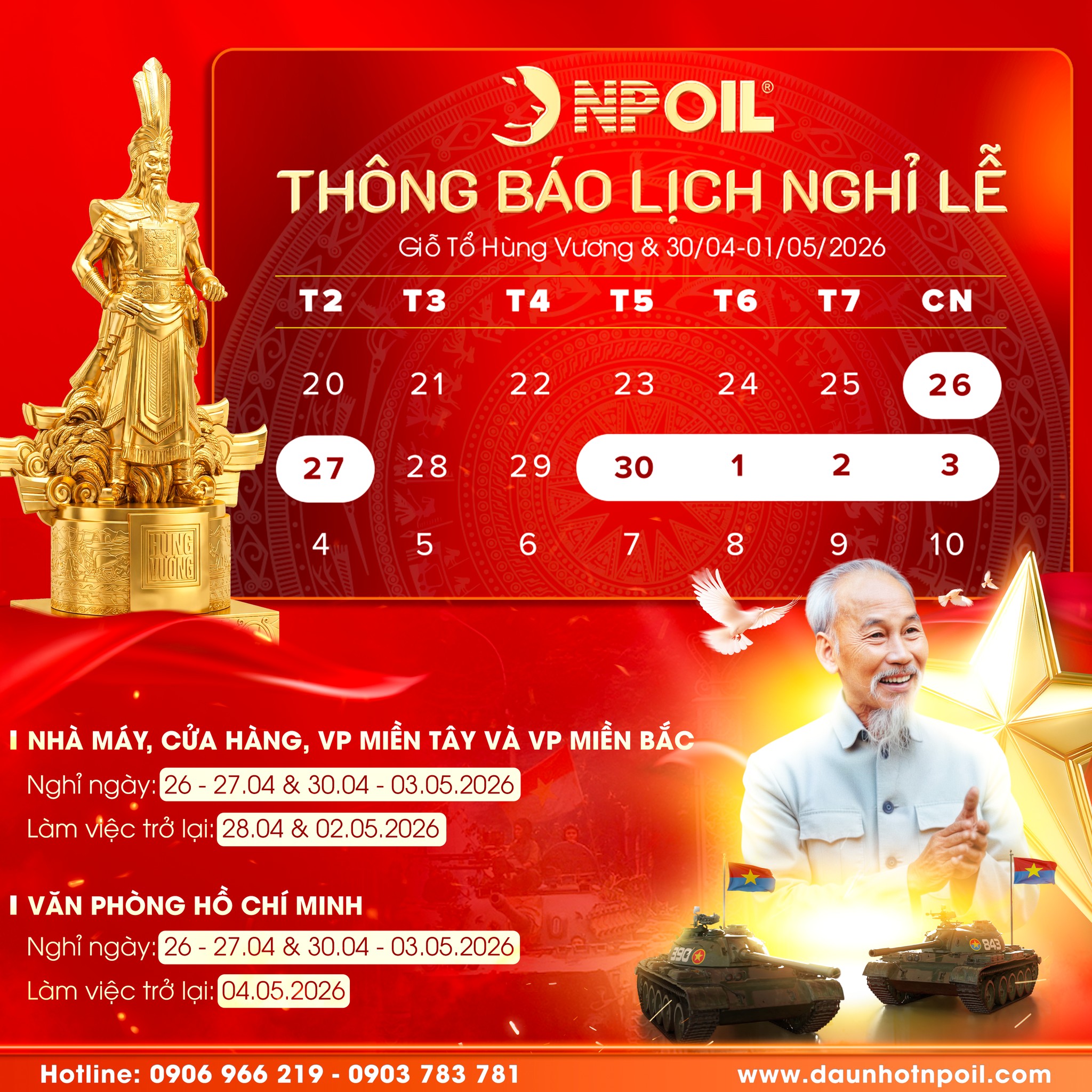 ThÔng BÁo LỊch NghỈ LỄ GiỖ TỔ HÙng VƯƠng, GiẢi PhÓng MiỀn Nam 304 VÀ QuỐc TẾ Lao ĐỘng 15